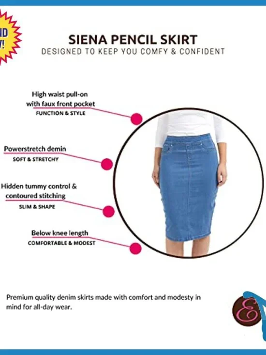 High Waisted Pull-On Knee Length Stretch Denim Jean Skirt Size Siena - Picture 3 of 7